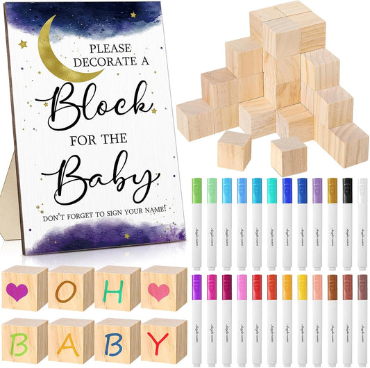Tatuo 75 Pcs Baby Shower Games Sign Kit Including Decorate a Block Game Sign 50 DIY Wooden Block 24 Acrylic Paint Marker Baby Shower Prize for Gender Reveal Party(Sky)