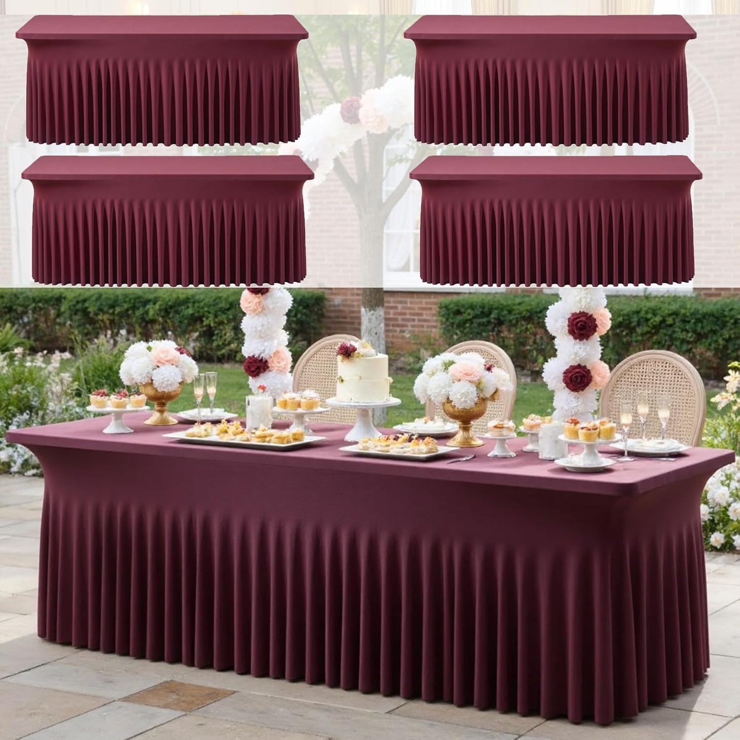 4pk Burgundy Spandex Tablecloths 6ft for Rectangle Tables, Wrinkle Free Classy Table Skirt Stretchy Fitted Table Cloths Covers 6 Foot for Weddings Birthday Party Events Banquette Baby Shower