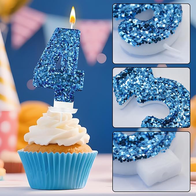 Zailo Birthday Number Candles, Glitter Number Candle Cake Decorations with Sequins, Cupcake Decorations for Girls, Women, Party Anniversary Celebrations (Number 4, Blue)