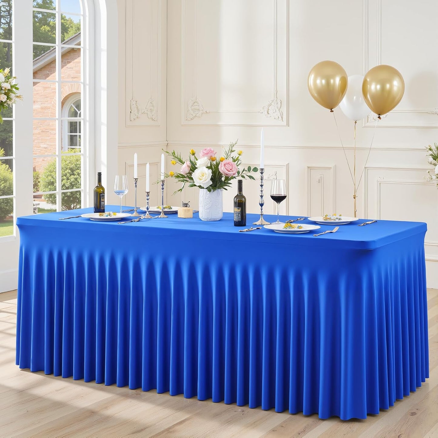 Suppromo 8ft Royal Blue Spandex Table Cloths for Rectangle Tables Wrinkle Free Rectangle Tablecloths, Stretch Fitted Table Cover with Skirt for Birthday Party Wedding Banquet Baby Shower Buffet Event