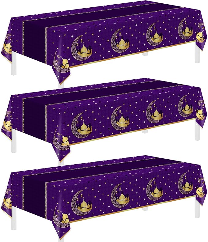 Childom 3 Pack Ramadan Table Cloth,Ramadan Decorations for Home,54" x 108" Eid Mubarak Decorations,Eid Ramadan Tablecloth Rectangular,Purple Plastic Table Cloth Disposable Table Cover for Party Favors