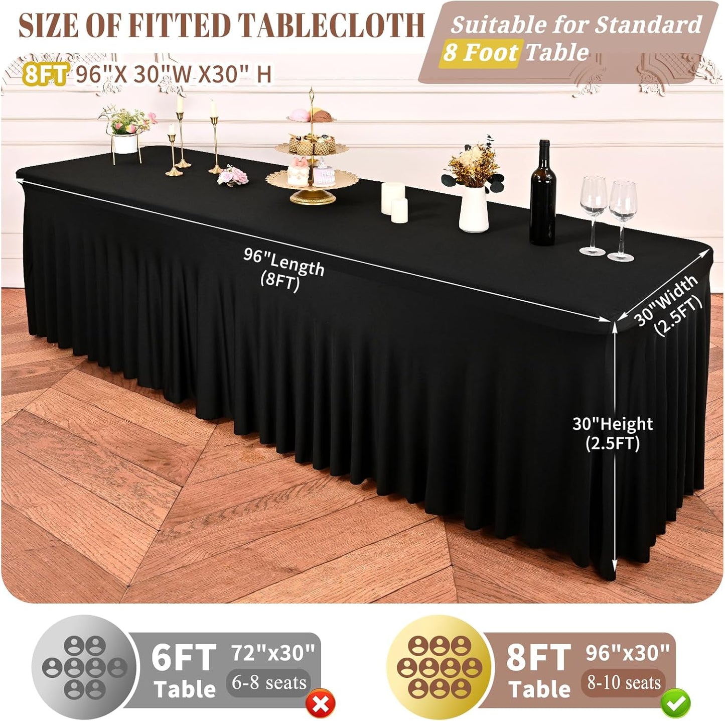 6 Packs Black Stretch Table Skirts for 8 Foot Rectangle Table, Washable Spandex Stretch Tablecloths with Skirt, Wrinkle Resistant Fitted Tablecover for Wedding Party Banquet