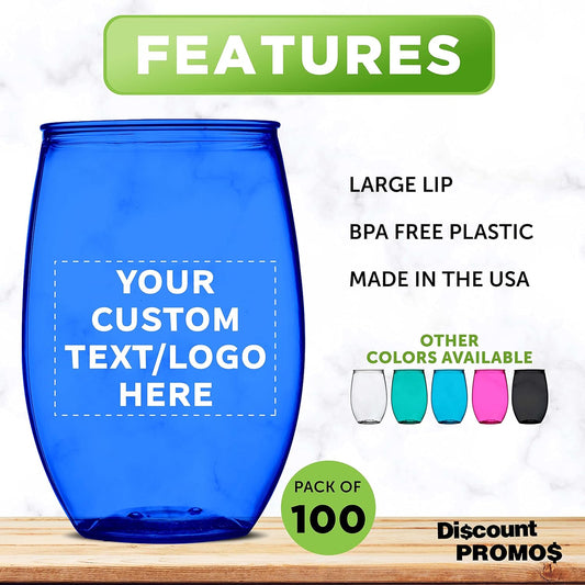 Custom Plastic Stemless Wine Glasses 16 oz. Set of 100, Personalized Bulk Pack - BPA Free, Great for Outdoor Lounges, Poolside, Parties and Other Events - Blue