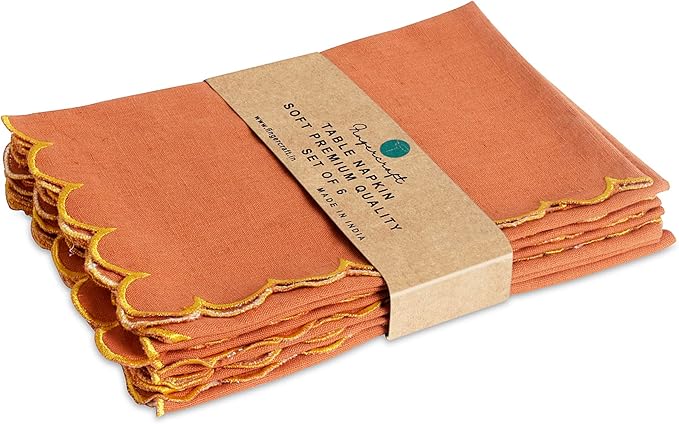 FINGERCRAFT Cloth Napkins, Everyday Use Reversible Scallop Design, Premium Quality Cotton Linen Blend Napkin Set of 6 Perfect for Parties Dinners Weddings Christmas Napkin Cloth 20x20 Inch Rust