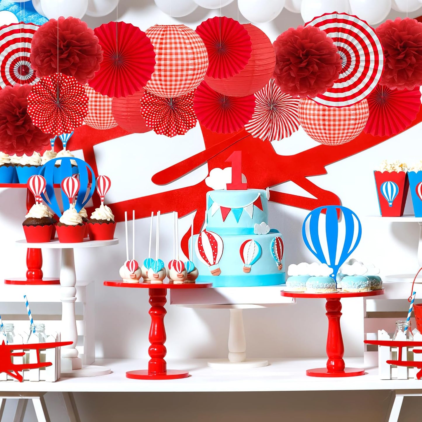 Red Party Decorations Red Paper Fans Paper Lanterns Pom Poms Flowers for Baby Shower Birthday Wedding Engagement Party