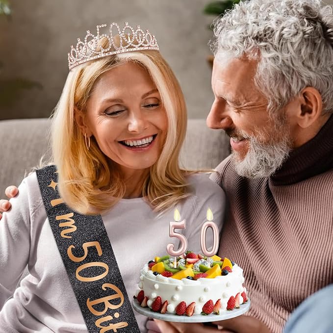 50th Birthday Decoration for Women with I'm 50 Bitches Sash, Rose Gold Tiara, Rose Gold Numbers 50 Candles, Sincere 50th Birthday Gifts for Women