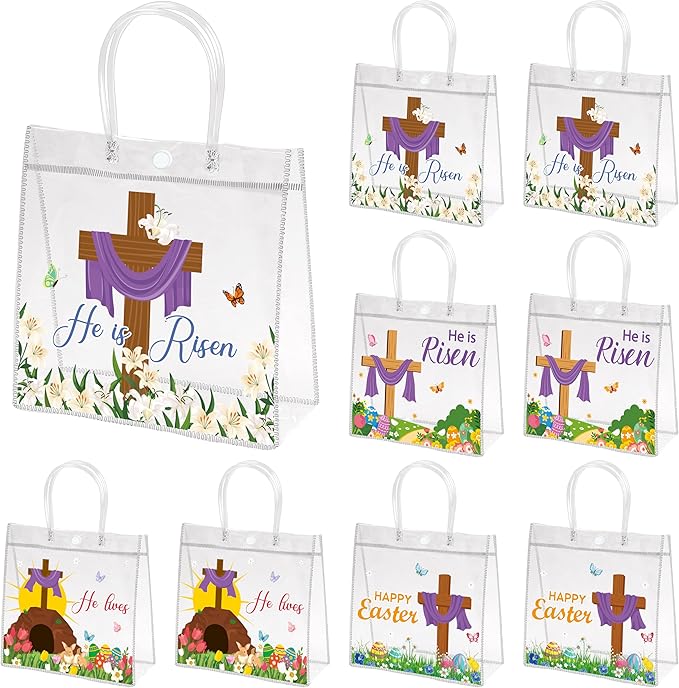 H1vojoxo Religious Easter Gift Bags - 24PCS He is Risen Christian Clear PVC Gift Bags with Handle for Kids Cross Print Reusable Goodie Treat Candy Snack Bag for Easter Church Party Favors Supplies