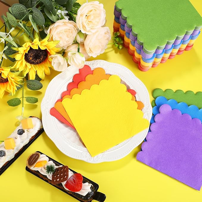 durony 150 Pack Scalloped Napkins 5 x 5 Inch Disposable Paper Napkins Gradient Color Napkins with Scalloped Edges for Dinner Wedding Birthday Party Supplies, Bright Rainbow