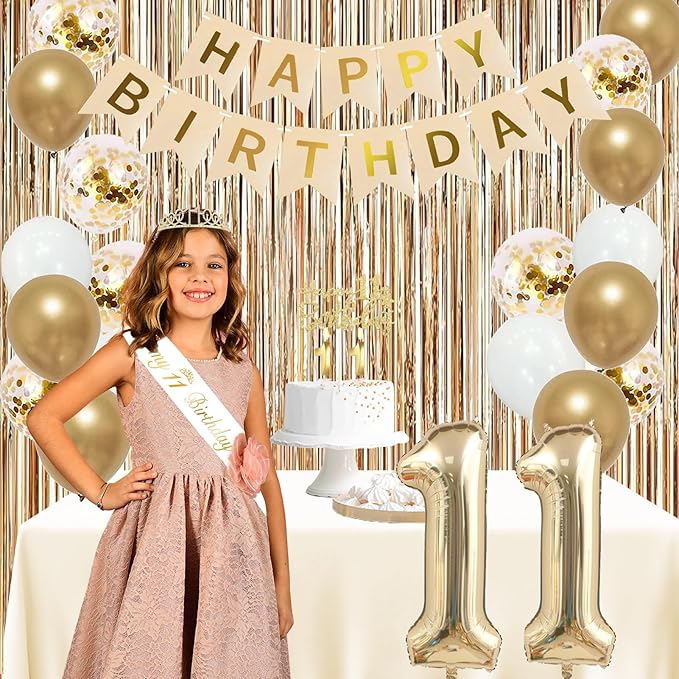 Trgowaul 11th Birthday Decorations for Girls, Banner, Sash and Crown, Cake Topper, 11 Number Balloon, Fringe Curtains, Champagne Gold 11th Birthday Party Supplies