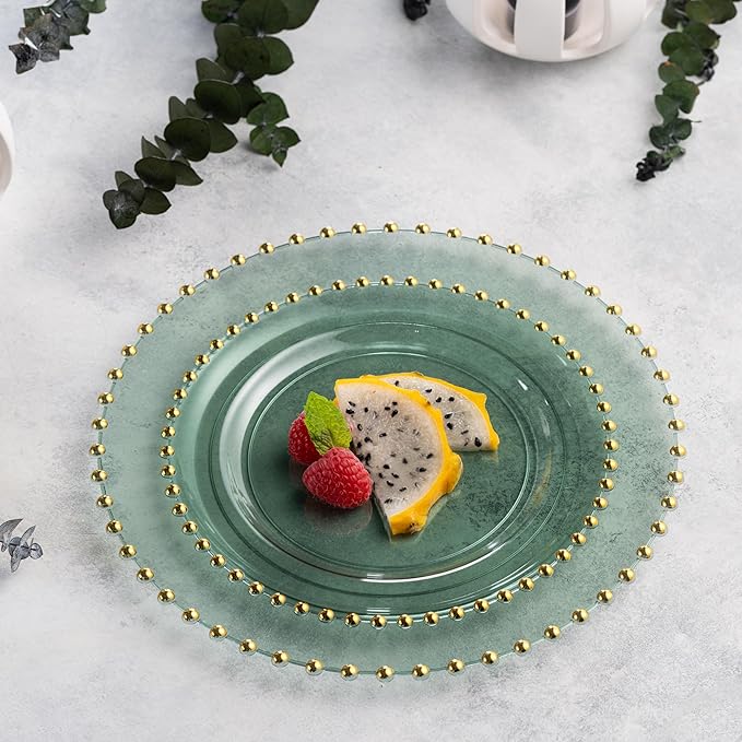 PLASTICPRO 128 Piece Combo Plastic Dinner Plates Disposable Plastic Fancy Heavy Duty Party Dishes 7 inch and 10 inch, Translucent Green and Gold Beaded