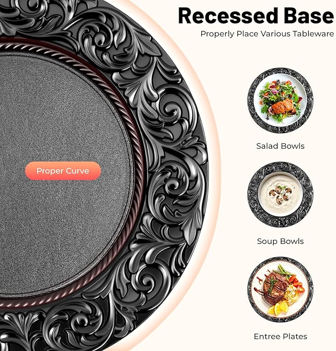 100 Pcs Black Round Charger Plates Bulk, 13 Inch Reusable Antique Charger Plates Set Plastic Embossed Dinner Plate for Table Setting Wedding Party Event Tabletop Setting Decor (Black)
