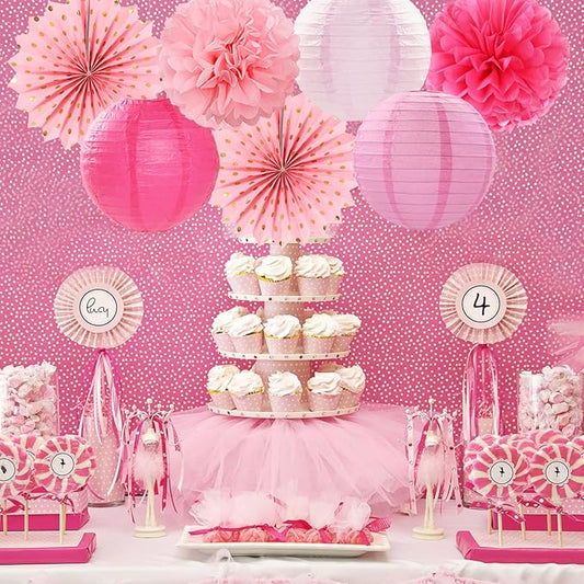 Rose Hot-Pink Valentines-Day Party-Decorations Streamers - 14pc Girl Birthday Baby Shower Paper Lanterns Fan,Tissue Pom Poms,Honeycomb Balls,Bachelorette Bridal Wedding Supplies Decor Lasting Surprise