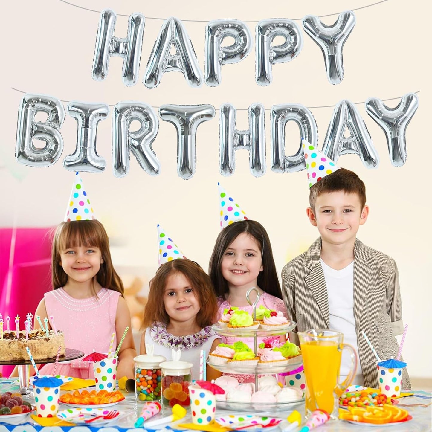 TONIFUL Laser Silver Happy Birthday Balloon Banner 16 Inch Mylar Foil Letters Birthday Sign Bunting Reusable for Girls Boys Kids & Adults Birthday Decorations and Party Supplies