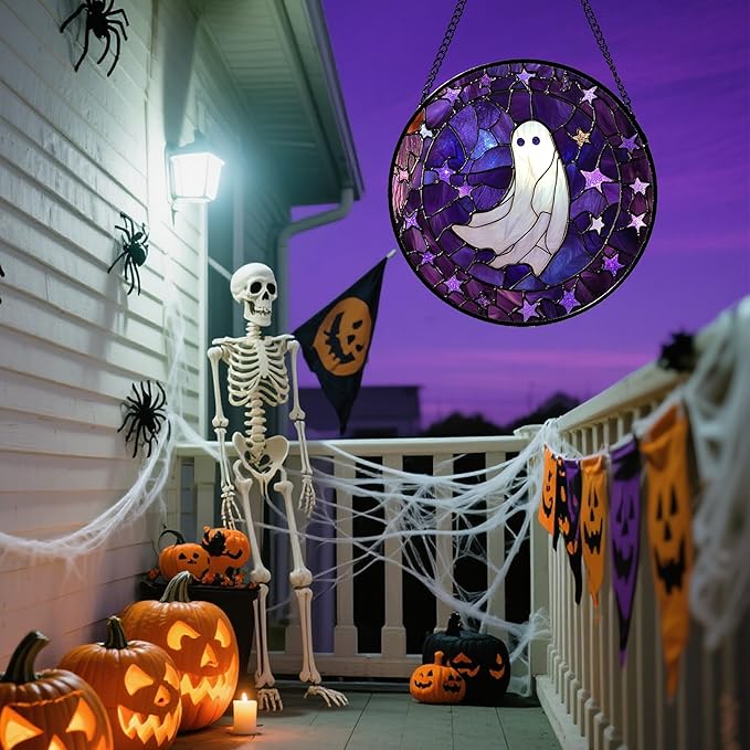 Stained Glass Window Hanging - Halloween Decoration Purple Star White Ghost Suncatcher for Doors Garden Indoor Spooky Sun Catchers Gothic Decor Horror Gifts for Women Men Friend 15 in