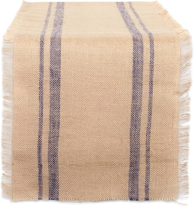 DII Jute Burlap Collection Kitchen Tabletop, Table Runner, 14x108, Double Border Blue