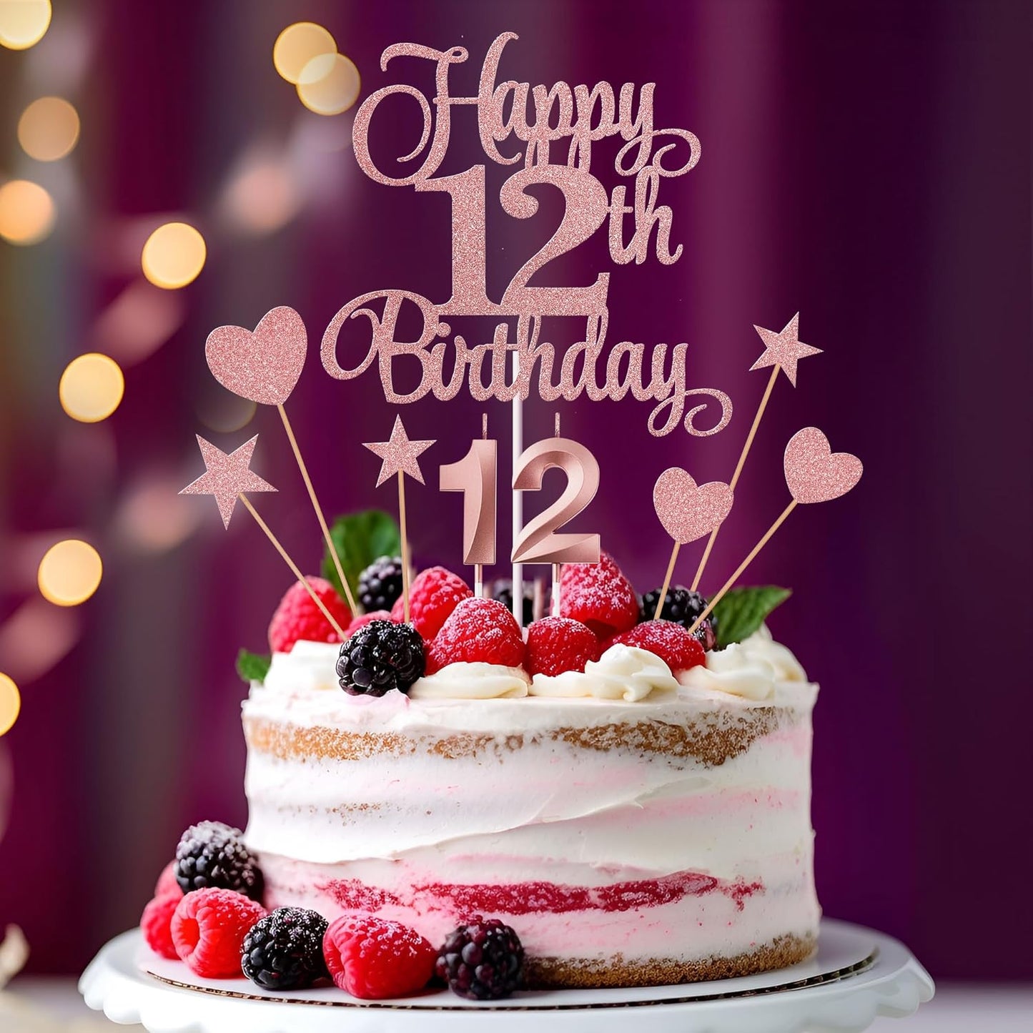 12th Birthday Cake Decorations, 12th Birthday Candles Cake Numeral Candles and Glitter Happy 12th Birthday Cake Toppers Set for Birthday Party Supplies (Rose Gold)