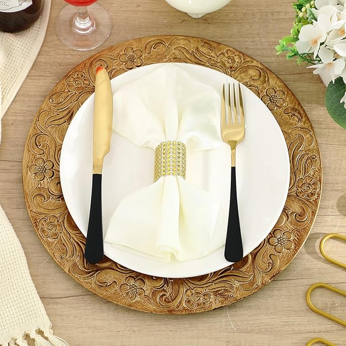 12 Pcs Antique Gold Charger Plates Bulk 13 Inch Embossed Rim Plastic Round Decorative Plates Charger for Dinner Wedding Party Event Table Setting Decoration (Wave-and-floral Frame)