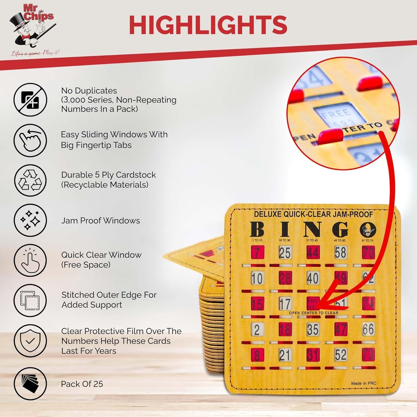 MR CHIPS Jam-Proof Quick-Clear Deluxe Fingertip Slide Bingo Cards with Sliding Windows 100 Pack in Woodgrain Style
