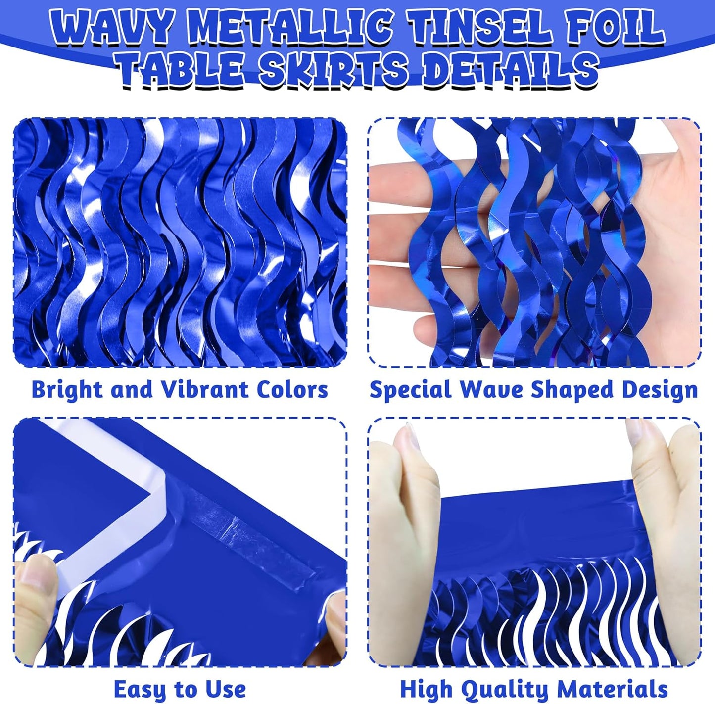 Navy Blue Table Skirt, 2 Pack Blue Foil Grass Table Skirt, Patriotic Metallic Wavy Tinsel Foil Fringe Table Skirts, Table Skirts for Birthday Graduations 4th of July Christmas Parade Party