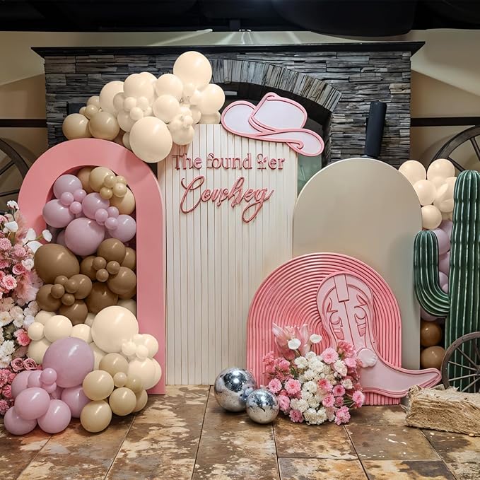 Pink Brown Balloon Arch Garland Kit, Cowgirl Rodeo Balloons Dusty Blush Light Pink Brown Nude Sand White Balloons with Ribbon Bow for Boho Baby Shower Western First Rodeo Birthday Party Decorations