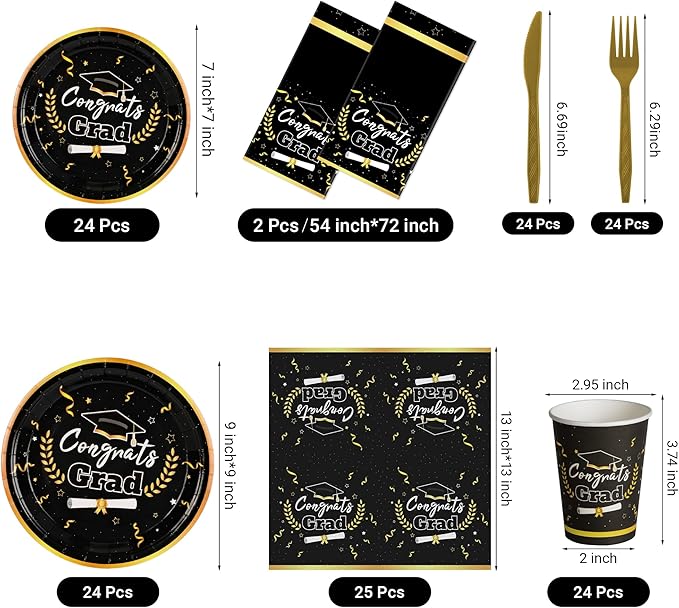 Graduation Decorations Class of 2026 Graduation Party Decorations,147 PCS Disposable Congrats Grad Tableware,Black and Gold Tablecloth Knives Fork Plates Napkin Cups for School,College,Party,Serve 24