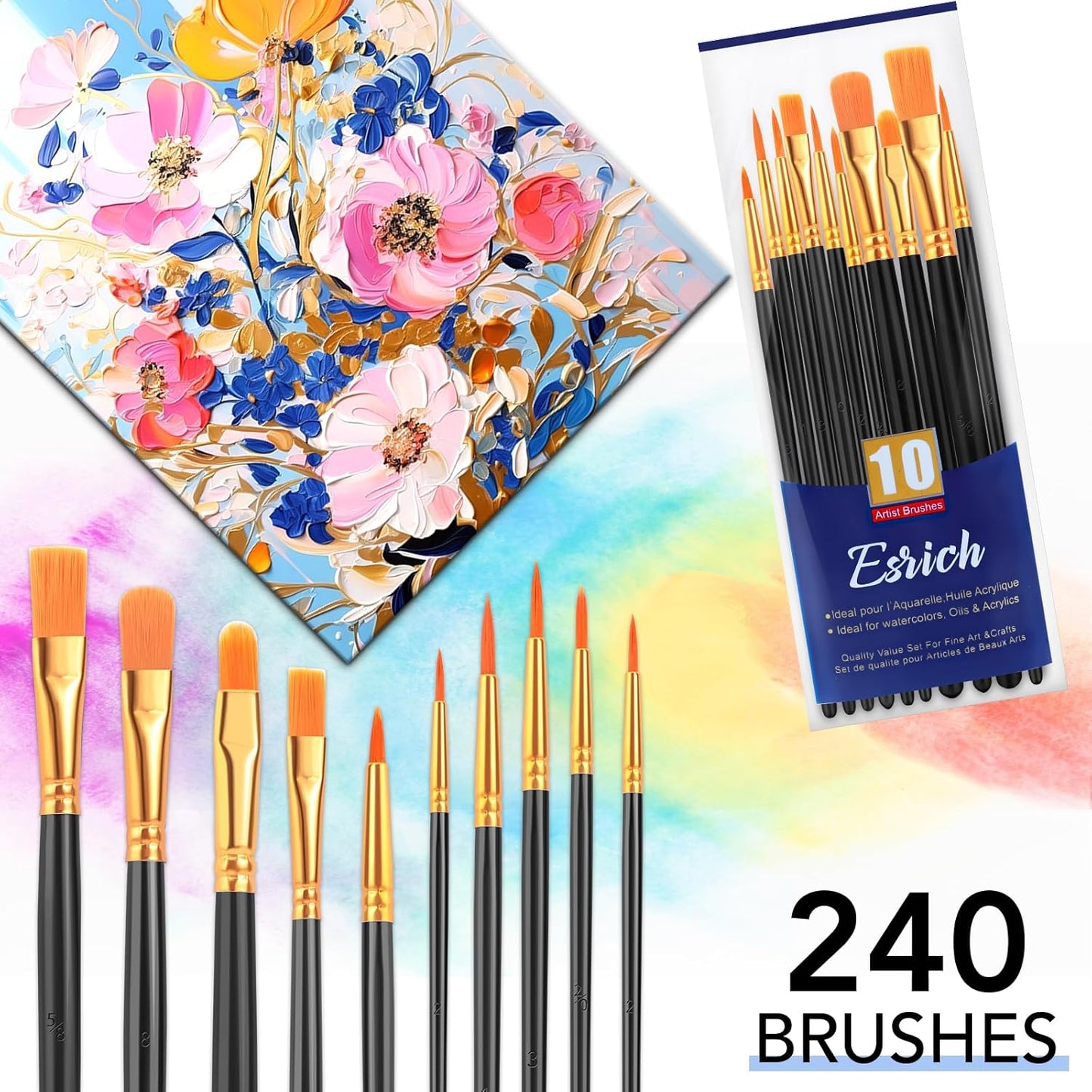 ESRICH Acrylic Paint Brushes Set, 24 Packs / 240 Pcs Watercolor Brushes,Nylon Brush Head, for Oil Painting, Gouache, Face,Ceramics etc, Kid's and Adults Painting Arts and Crafts Sets.(Black)