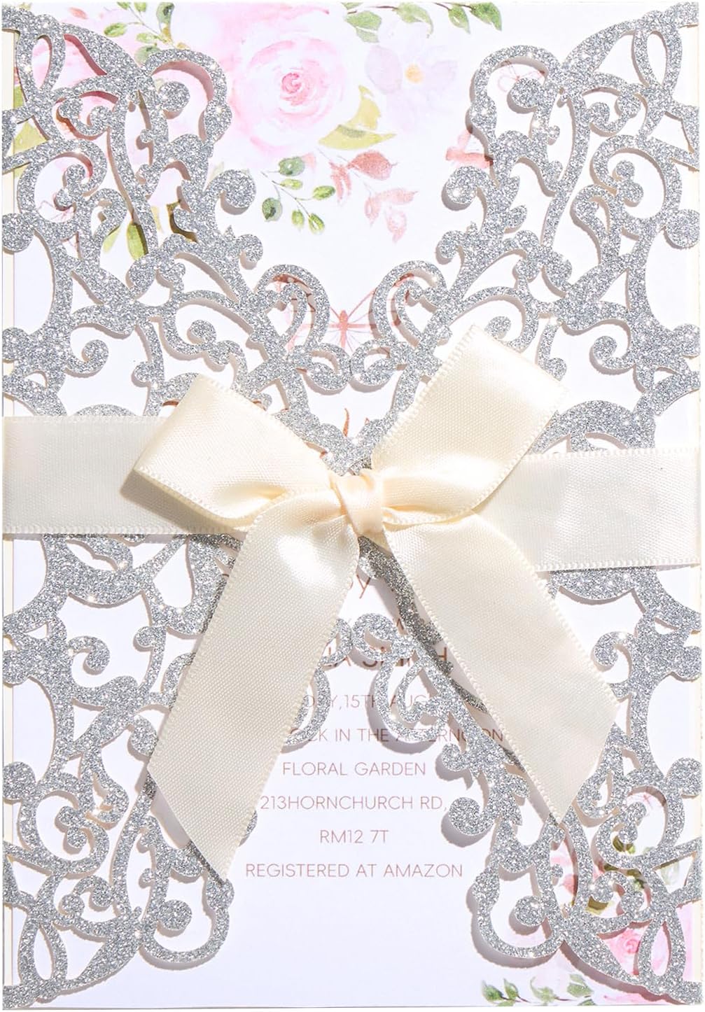 50Pcs Glitter Floral Laser Cut Wedding Invitation Cards with Envelope Blank Inner Sheet and Ribbon for Wedding Engagement Bridal Shower Party Invite(7.09 X 4.92inch, Silvery)