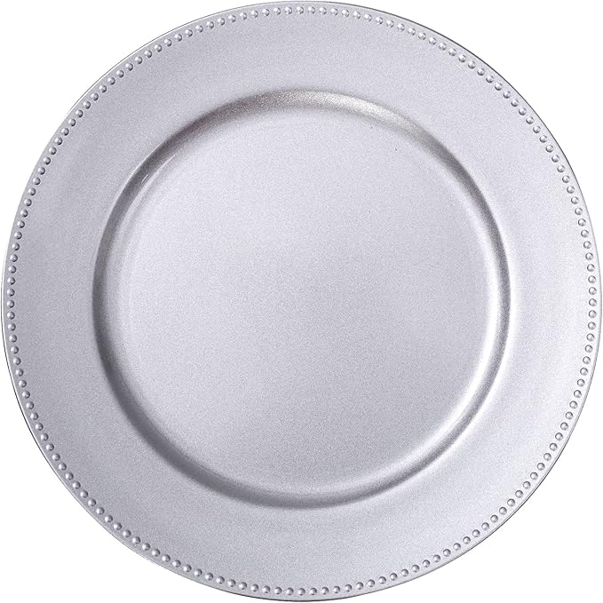 MAONAME Silver Charger Plates Set of 12, Round Dinner Chargers with Beaded, 13 Inch Plastic Plate Chargers for Wedding, Table Decor