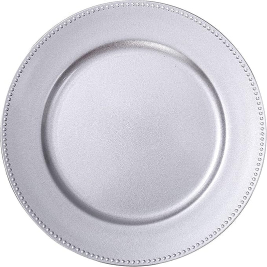 MAONAME Silver Charger Plates Set of 12, Round Dinner Chargers with Beaded, 13 Inch Plastic Plate Chargers for Wedding, Table Decor