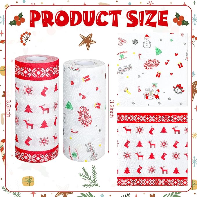 4 Rolls Christmas Kitchen Paper Towels Grease Proof Food Liner Fried Food Snacks Wrapping Paper 9 x 9 Inches for Holiday Kitchen Business Restaurant