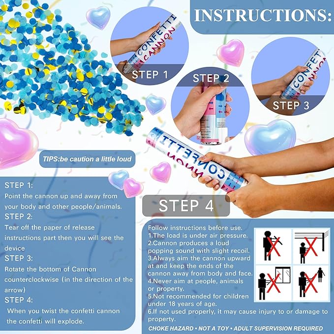 4 Pack Gender Reveal Confetti Cannon, 12 in Blue Round Shaped Paper Party Poppers Cannons, Confetti Poppers For Baby Boy Gender Reveal Baby Showers (Round, Blue)