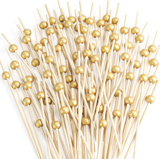 600 Pcs Cocktail Picks, 12 cm Toothpicks for Appetizers, Bamboo Cocktail Sticks Skewers for Drinks, Desserts, Charcuterie, Wedding Party Fancy Toothpicks, Gold Pearl Mini Food Picks Decorative
