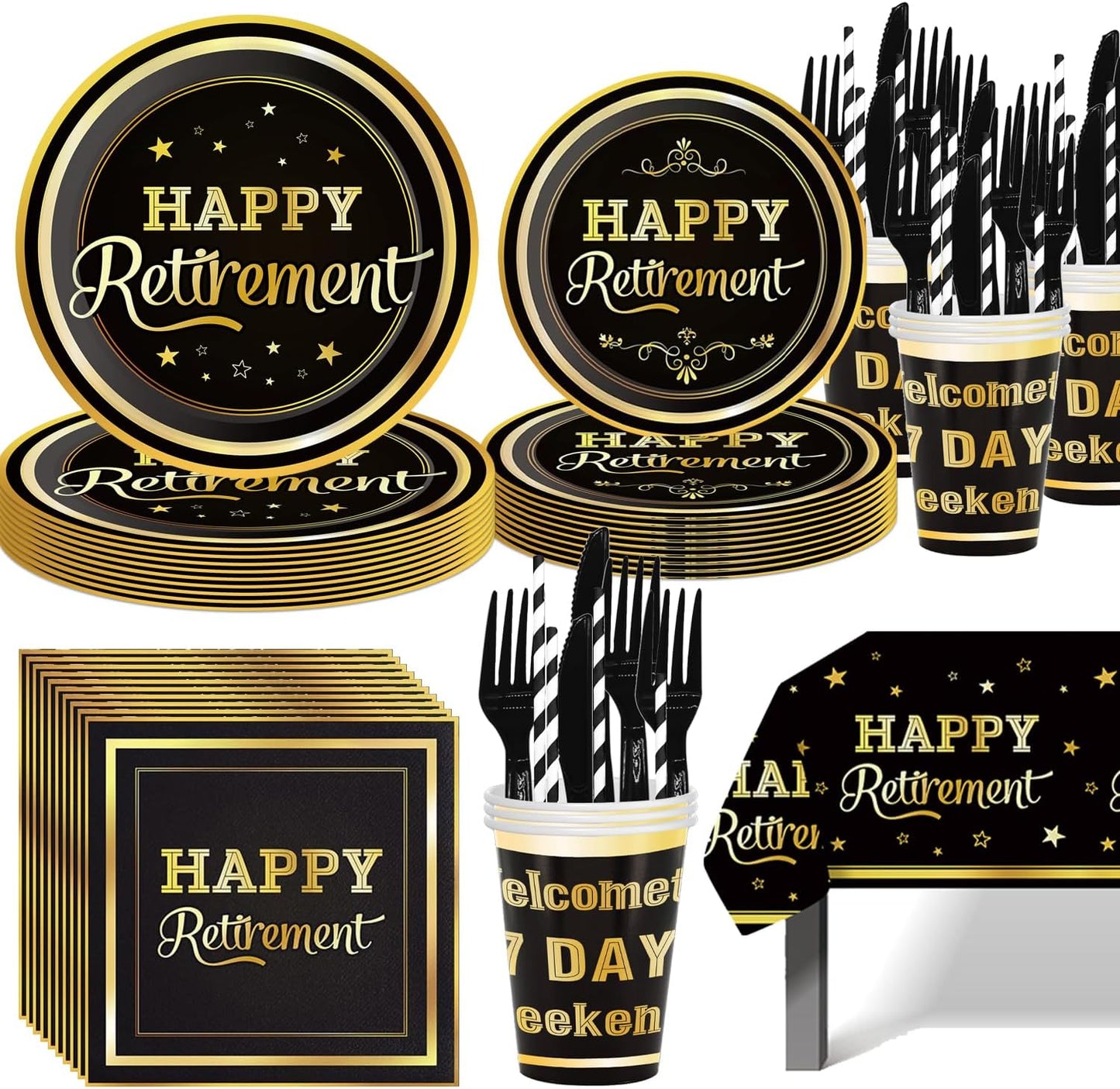 141pcs Retirement Party Decorations,Black Gold Party Disposable Tableware Includes Dinner Plate Dessert Plate Paper Napkin Cup Knife Fork Straws Tablecloth Black Gold Retirement Supplies set