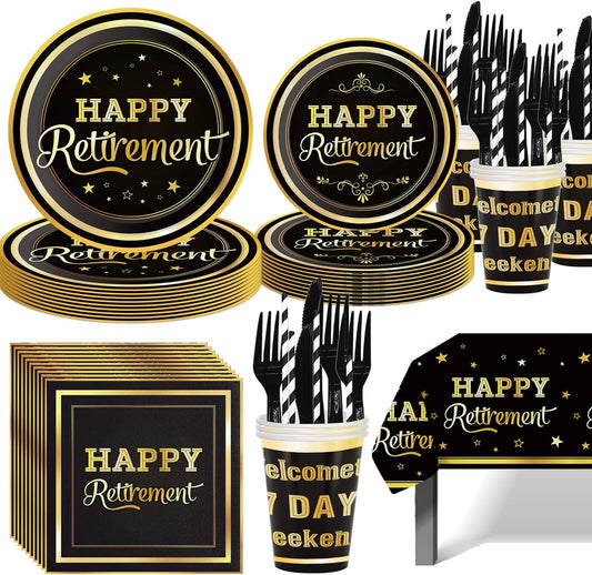 141pcs Retirement Party Decorations,Black Gold Party Disposable Tableware Includes Dinner Plate Dessert Plate Paper Napkin Cup Knife Fork Straws Tablecloth Black Gold Retirement Supplies set