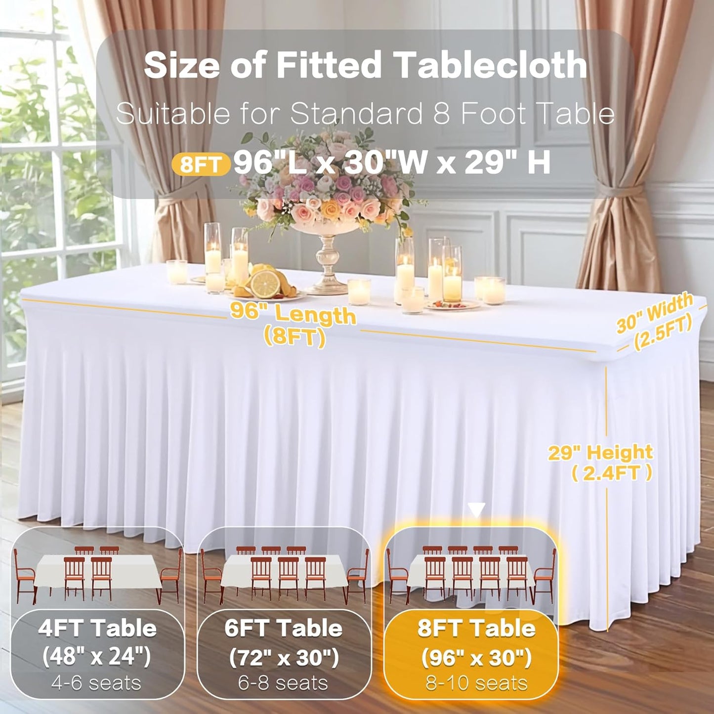 6 Packs White Spandex Tableclothes for 8 Foot Rectangle Table, Spandex Table Covers 8FT Stretch Table Skirts Rectangle Tables Wrinkle Free Fitted Tablecover for Event, Wedding, Banquet & Parties