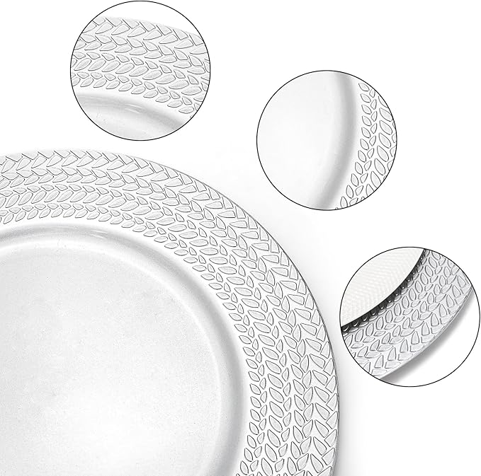 SOUJOY 12 Pack Silver Charger Plates, 13 Inch Plastic Dinner Plate, Leaf Trim Antique Charger Plate for Weddings, Parties, Anniversary, Thanksgiving, Christmas