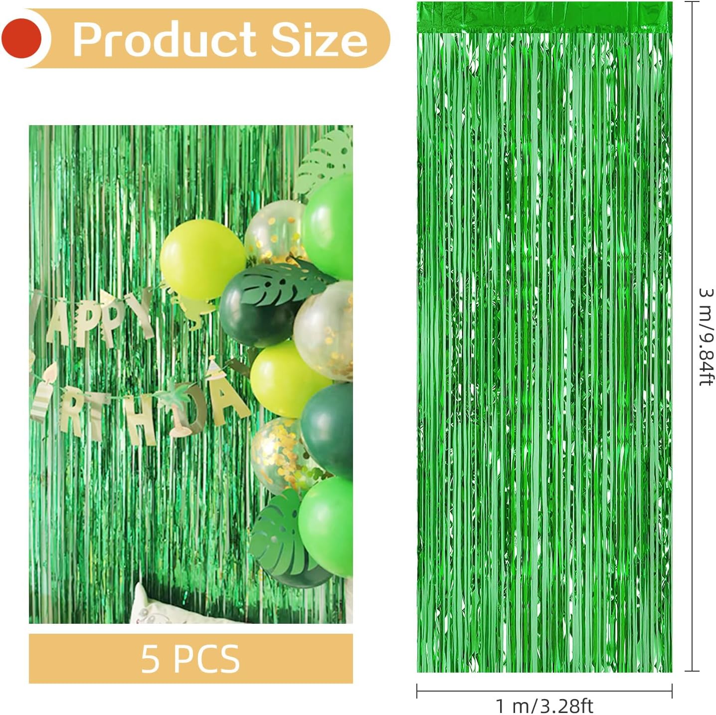 5 Pack Green Foil Curtain Backdrop 3.2ft x 9.8ft Metallic Tinsel Foil Fringe Curtains Streamer Photo Booth Backdrop for Birthday Party Engagement Bachelorette Party Decorations (Green)