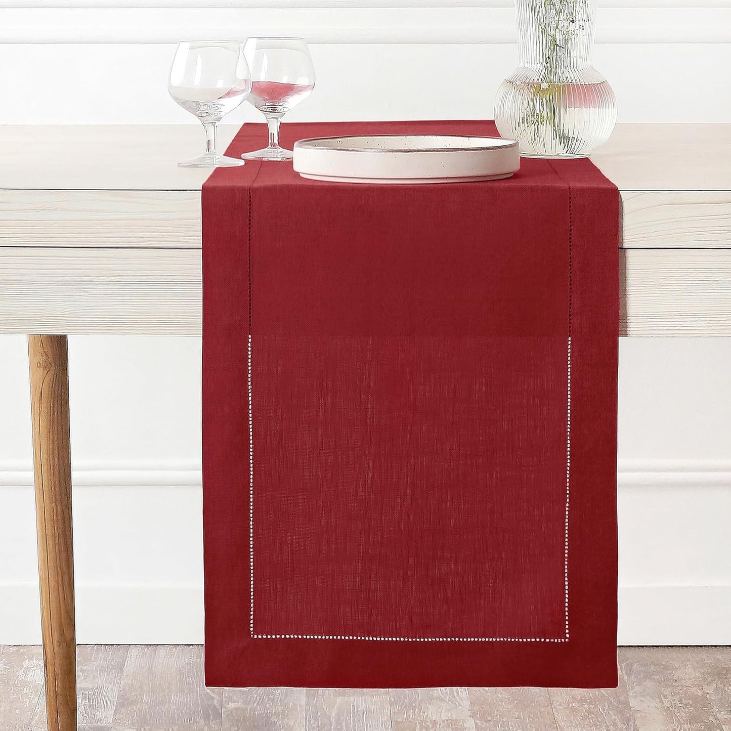 D'Moksha Homes Linen Table Runner 14 x 90 Inch - 100% Pure Linen Classic Hemstitch Red Table Runner - Machine Washable Farmhouse Table Runner for Christmas Decor, New Year