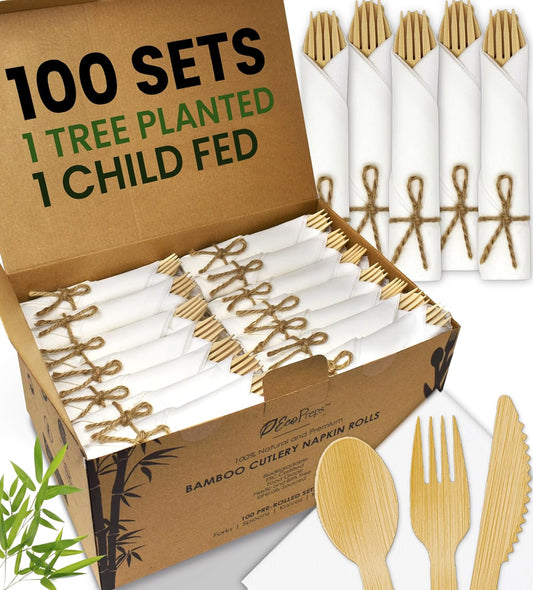 Premium Pre-Rolled Napkin and Bamboo Cutlery Set (100 Pack, 400 PCS) 100% Biodegradable, Eco-Friendly, Disposable Wrapped Cutlery - Includes Pre-Wrapped Bamboo Forks, Knives, Spoons, Napkins