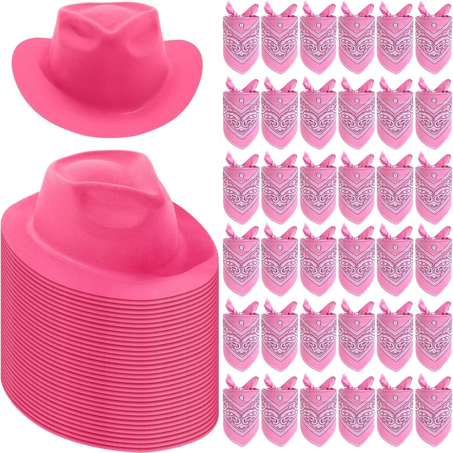 Hillban 72 Pcs Western Cowboy Hat and Paisley Bandana Set for Kids Felt Cowboy Party Hats for Costume Party Favors(Pink)