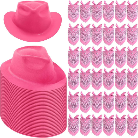 Hillban 72 Pcs Western Cowboy Hat and Paisley Bandana Set for Kids Felt Cowboy Party Hats for Costume Party Favors(Pink)
