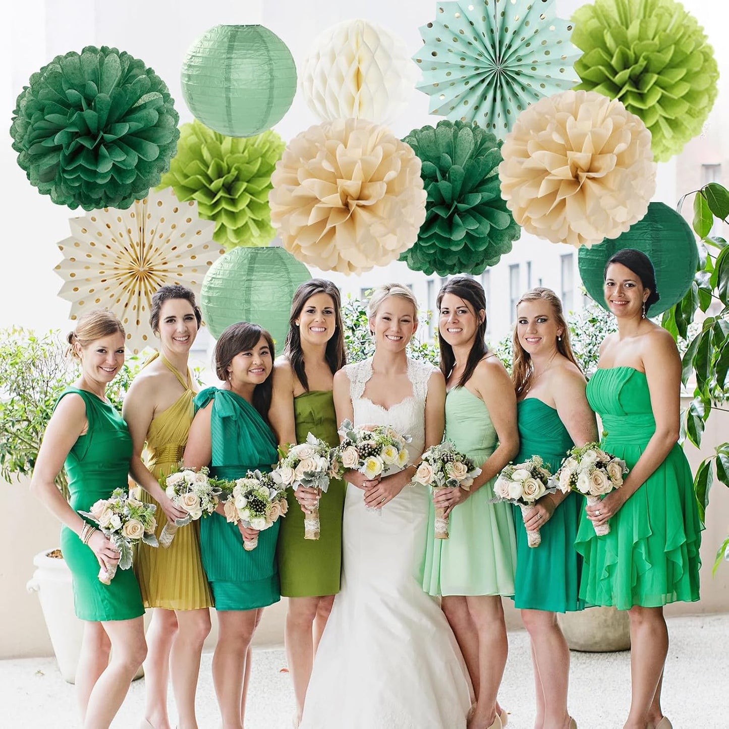 Sage Green Gold Party-Decorations Streamers-Lanterns - 14pcs Olive Paper Fan Honeycomb, Rustic Boho Neutral Birthday Tissue Pom Poms, Baby Bridal Shower Wedding Bachelorette Decor Lasting Surprise