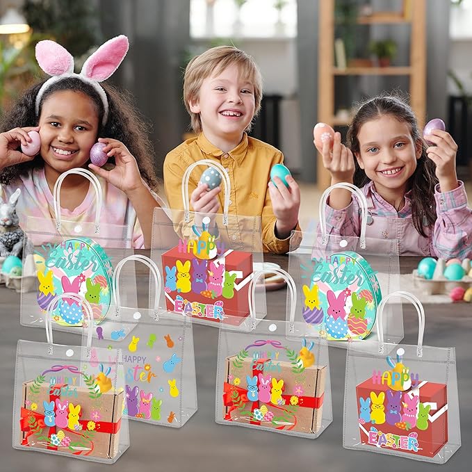 H1vojoxo Happy Easter Gift Bags - 24PCS Colorful Bunny Eggs Clear PVC Tote Bags with Handle Printed with Rabbits Eggs Clear Reusable PVC Gift Wrap Bags for Holiday Party Favor Easter Hunt Bag for Kids