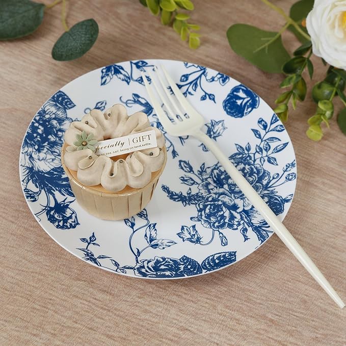 Efavormart 10-Pack French Toile Plastic Dessert Plates – Blue & White Floral, 7" Round Disposable Salad Plates