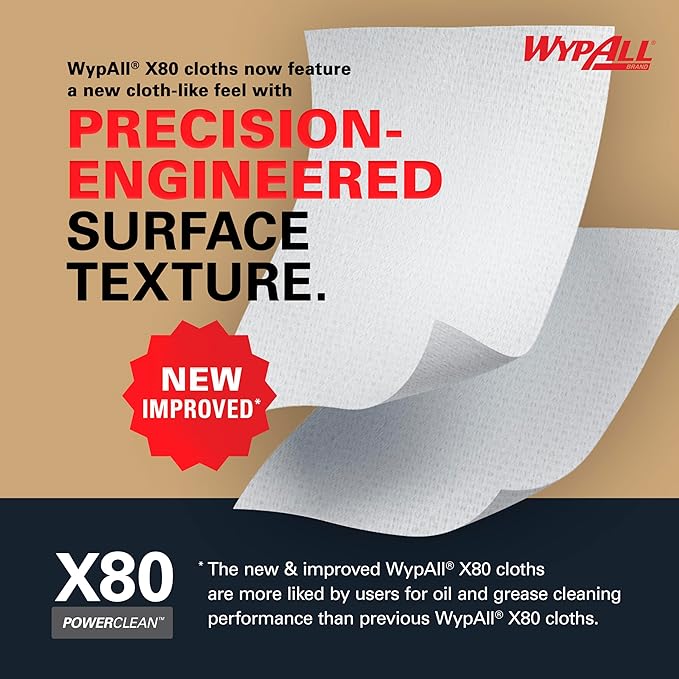 WypAll PowerClean X80 Cloths Heavy Duty Wipes (41025), Jumbo, Extended Use Towels, White (1 Roll of 475 Sheets, 475 Sheet Total)