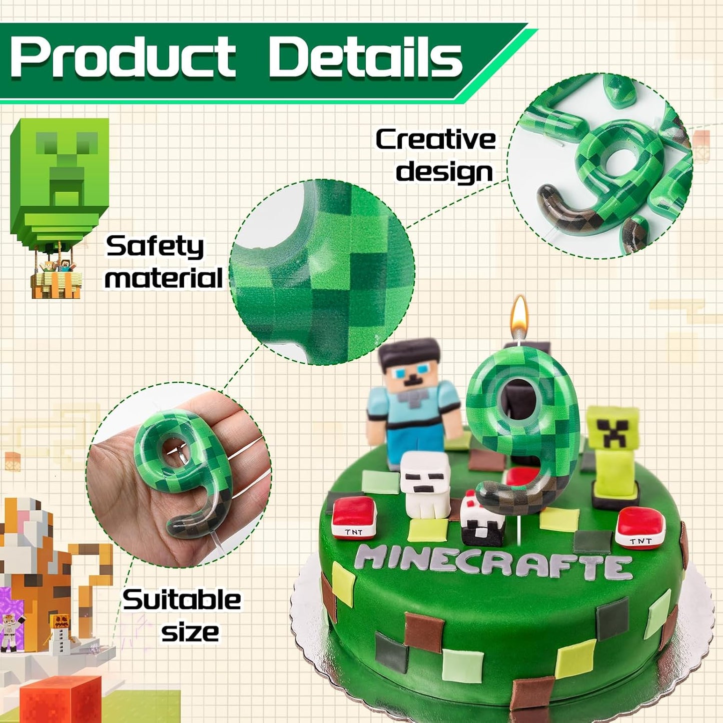 TNT Themed Birthday Cake Candle Number 9 Dynamite Themed Green Candle Birthday Party Decoration Cake Topper for Pixel Theme Birthday Party Anniversary Party Dynamite Party Video Game Party (Number 9)