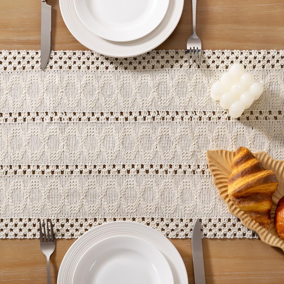 Socomi Boho Table Runner Macrame Long Fall Thanksgiving Farmhouse Woven Cotton Linen Rustic Coffee Table Runner with Tassels for Dresser Scarf Home Decor Dining Room 12x108 inch Beige