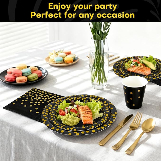 Disposable Plates for Party 25 Sets, Holiday Paper Plates and Napkins w/Cutlery & Cups, Heavy Duty Golden Dot Black Party Plates Napkins Cups for Baby Shower Birthday Wedding