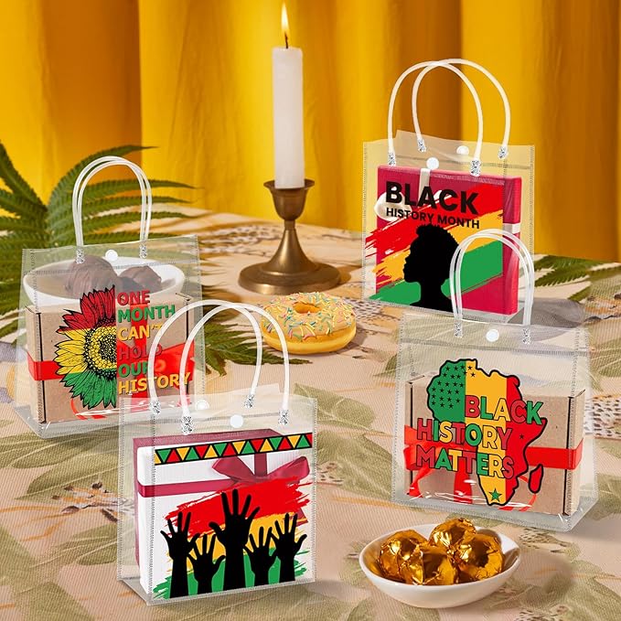 H1vojoxo Black History Gift Bags - 24PCS Black History Month Clear PVC Gift Bags With Handle for School Family Gathering Party Decorations Reusable Clear PVC Goodie Treat Bag for African Party Favors