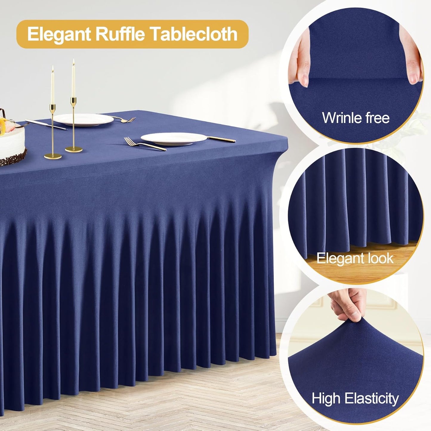 PARTISKY Navy Blue Spandex Tablecloth for 4ft Rectangle Tables, Stretchable Table Cover Skirt for Folding Tables Weddings Parties Banquets Events Trade Shows and Dessert Table